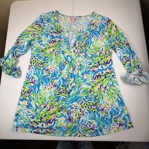 Lilly Pulitzer‎ Tunic Top Size Large Blue Green Abstract Print Pima Cotton